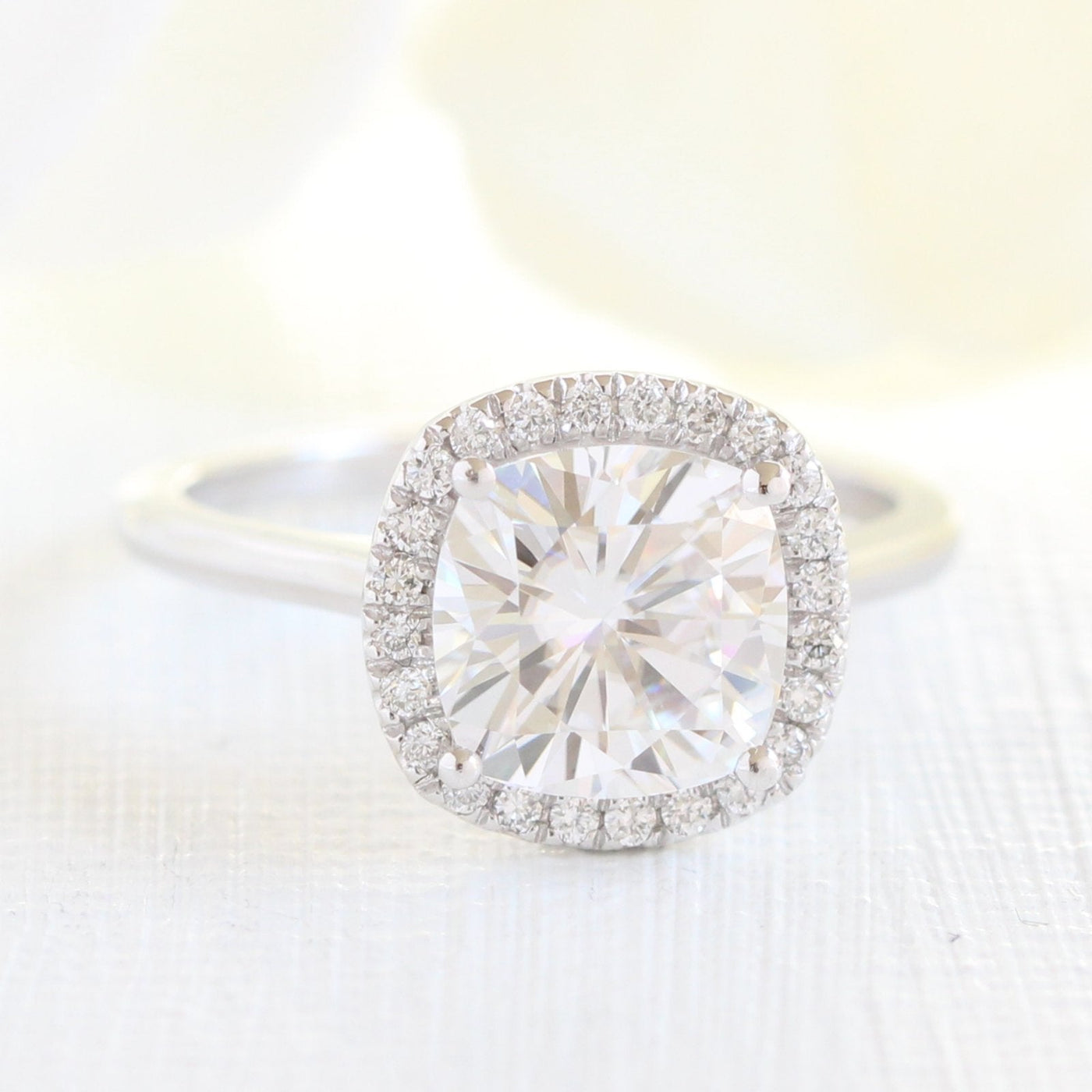 Cushion Cut Moissanite Ring With Scalloped Diamond Band