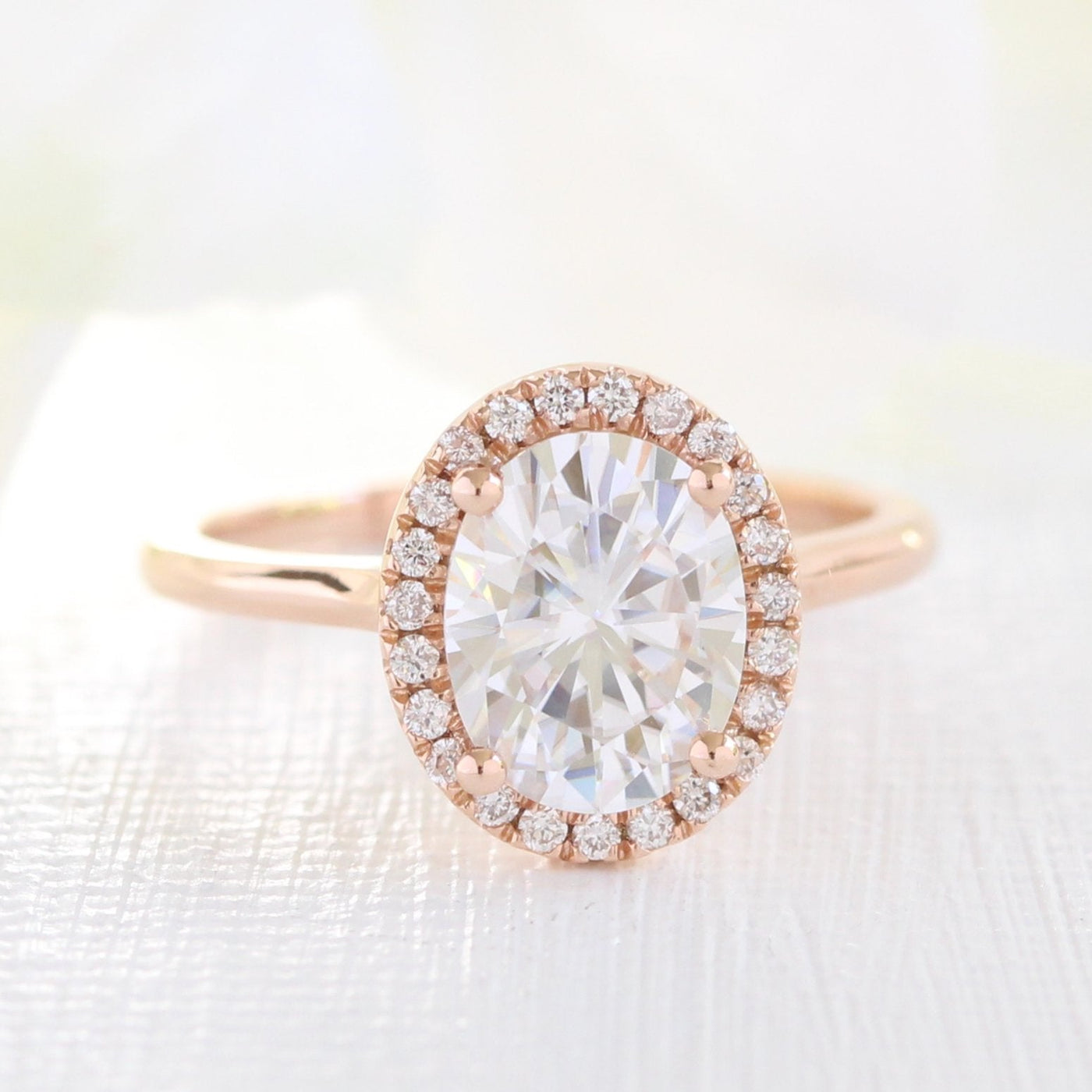 Oval Halo Moissanite Ring With Scalloped Diamond Band