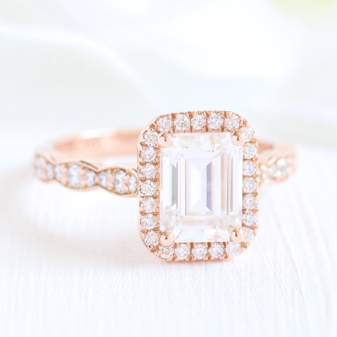 Emerald Cut Moissanite Ring With Crown Diamond Band Ring