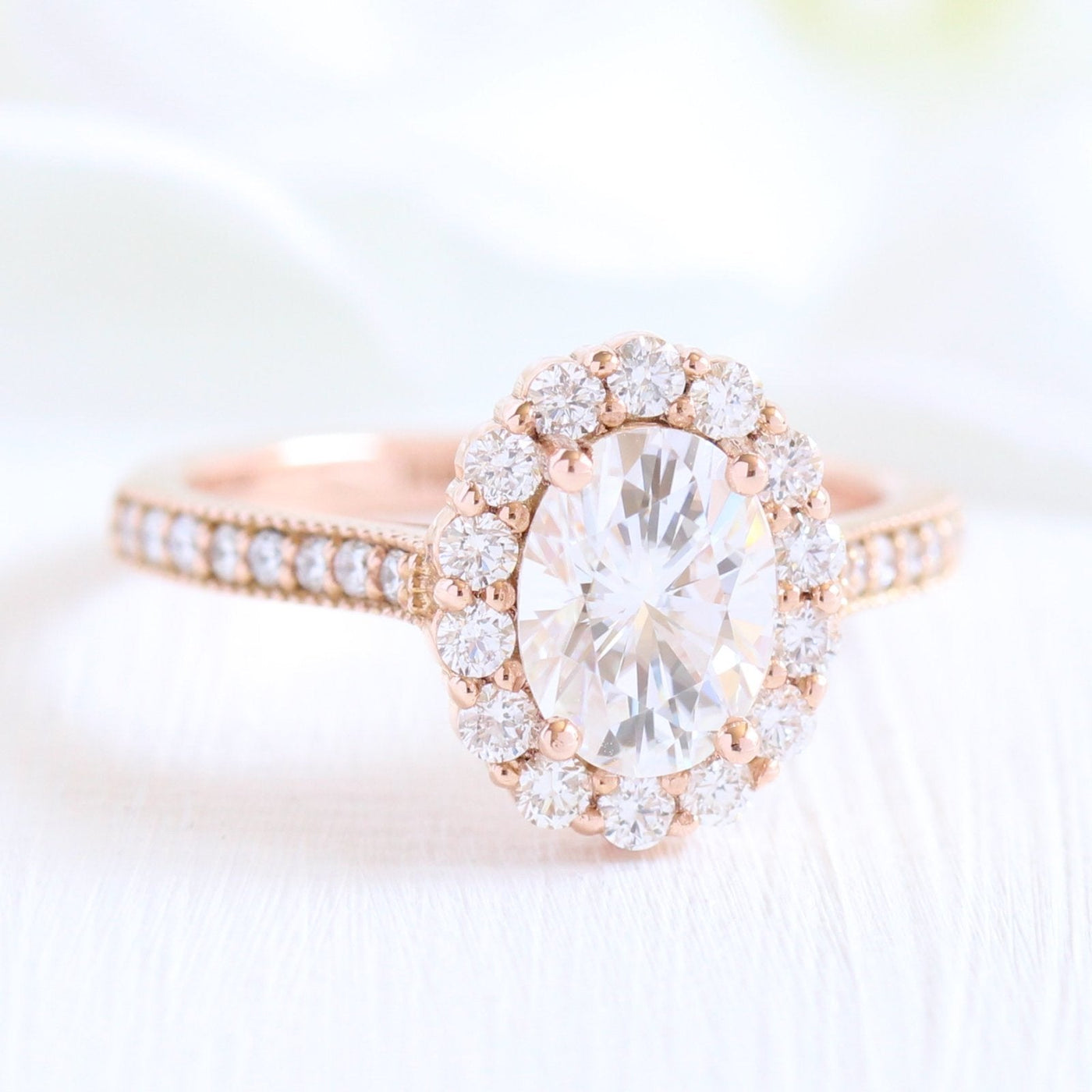 1.5ct Oval Cut Moissanite Halo Engagement Ring With Crown Wedding Band