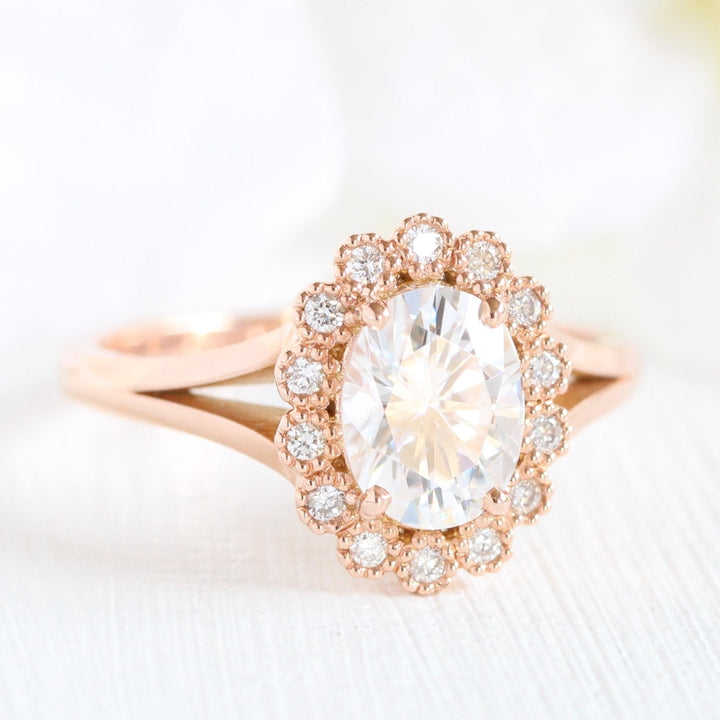 Vintage Oval Halo Moissanite Ring With Milgrain Diamond Band