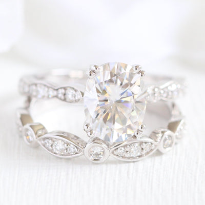 2.0ct Oval Moissanite Double Claw Ring with Matching Wedding Band