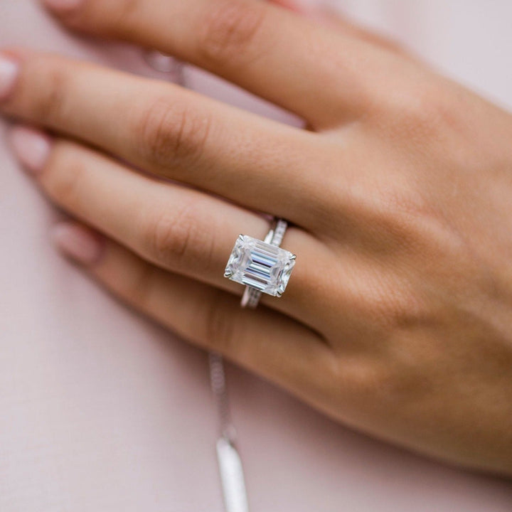 5.0CT Emerald Cut Hidden Halo Moissanite Diamond Engagement Ring