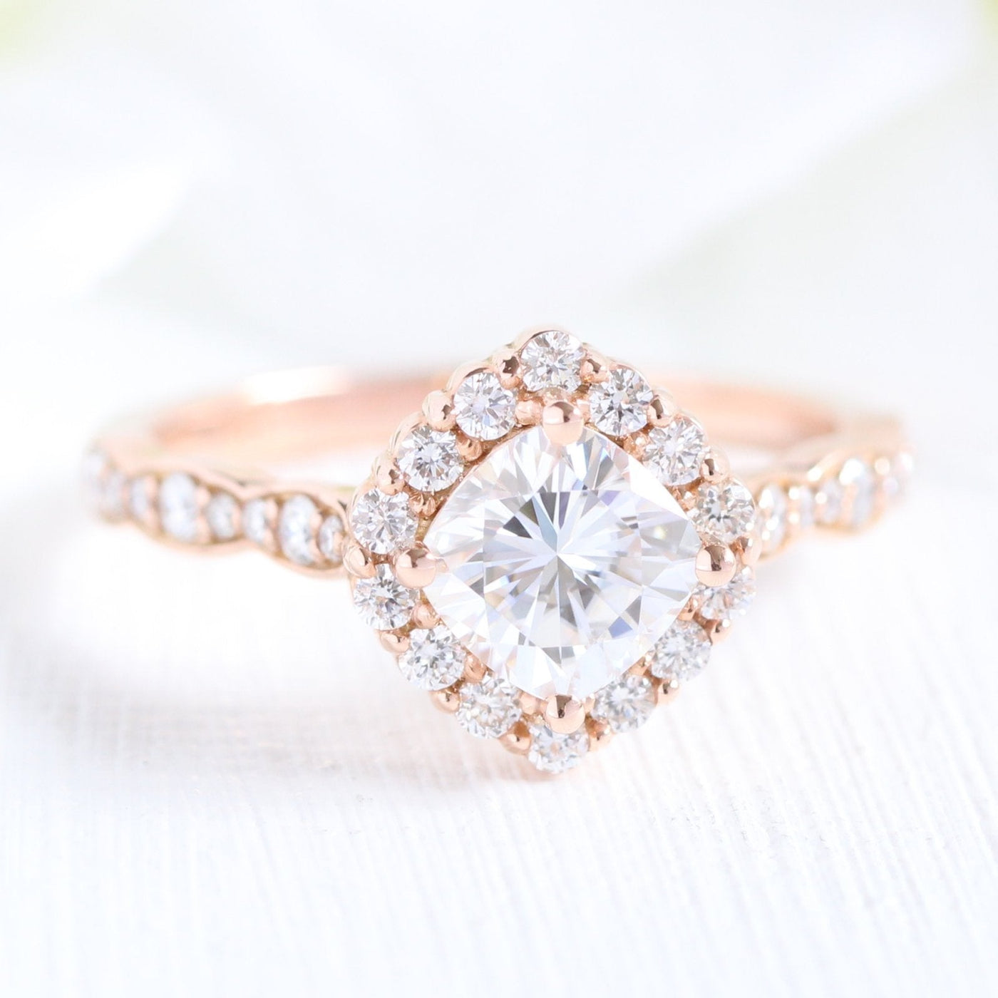 Cushion Cut Halo Ring in Scalloped Band With Crown Diamond Band Ring