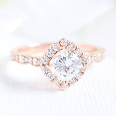 Cushion Cut Halo Ring in Scalloped Band With Crown Diamond Band Ring