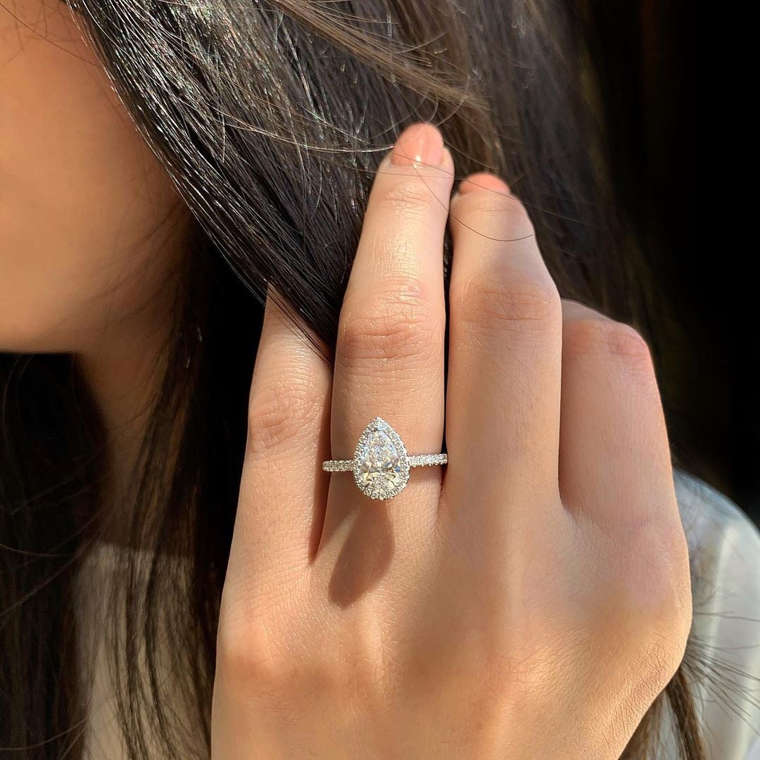 1.50CT Pear Cut Round Halo 3 Prongs Moissanite Engagement Ring