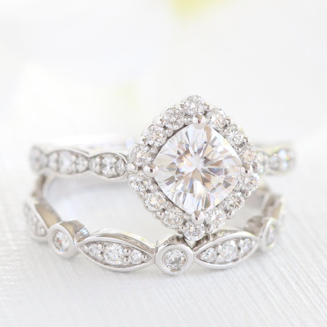 Cushion cut moissanite with halo bridal band set 14k in rose gold