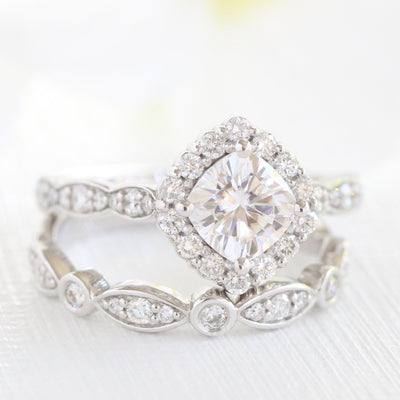 Cushion cut moissanite with halo bridal band set 14k in rose gold