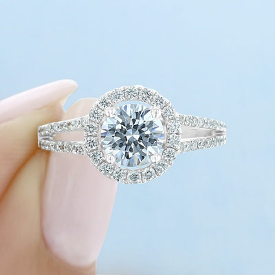 1.0ct Round Cut Halo Split Shank Moissanite Engagement Ring