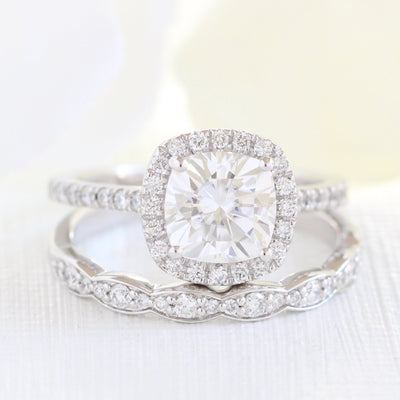 Cushion Cut Halo Pave Ring With Scalloped Diamond Band