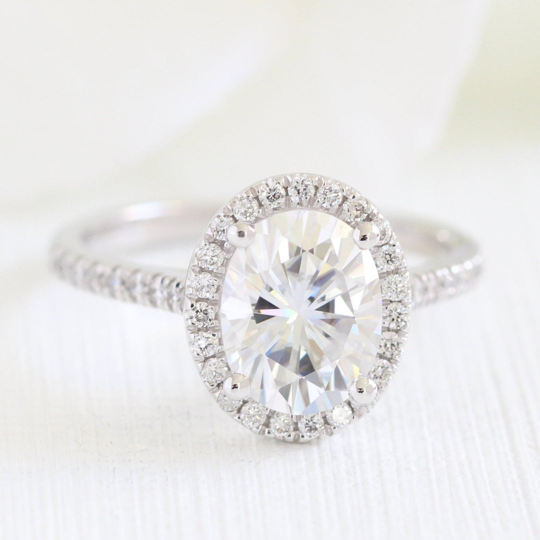 2.0ct Oval Cut Moissanite Halo Engagement Ring With Unique Wedding Band