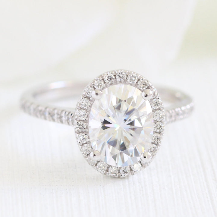 2.0ct Oval Cut Moissanite Halo Engagement Ring With Unique Wedding Band