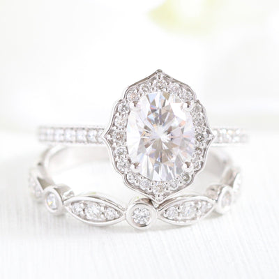 1.50ct Oval Cut Moissanite Unique Halo Ring With Bezel Wedding Band