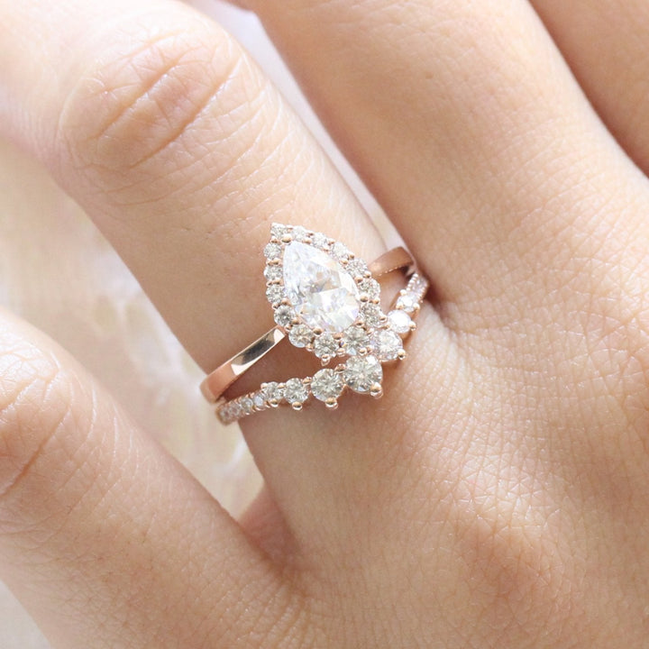 Pear cut moissanite with pave bridal band set 14k in rose gold