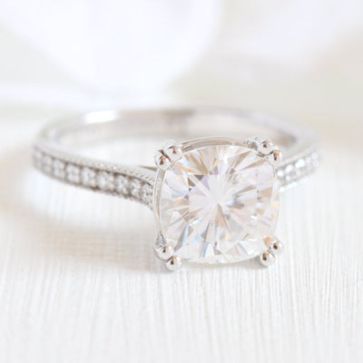 Solitaire Cushion Moissanite Ring With Milgrain Diamond Band
