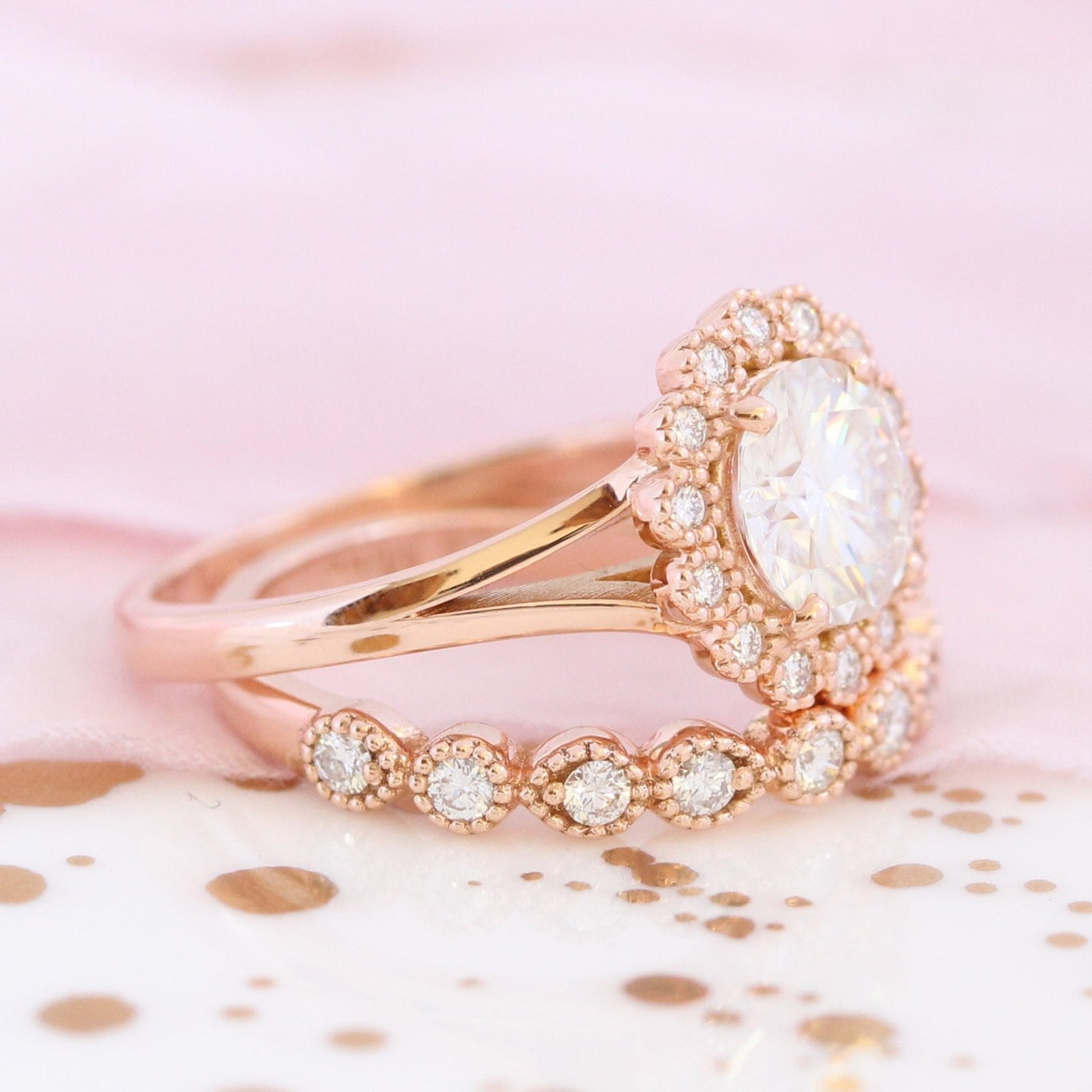 Vintage Round Cut Halo Moissanite Ring With Milgrain Diamond Band