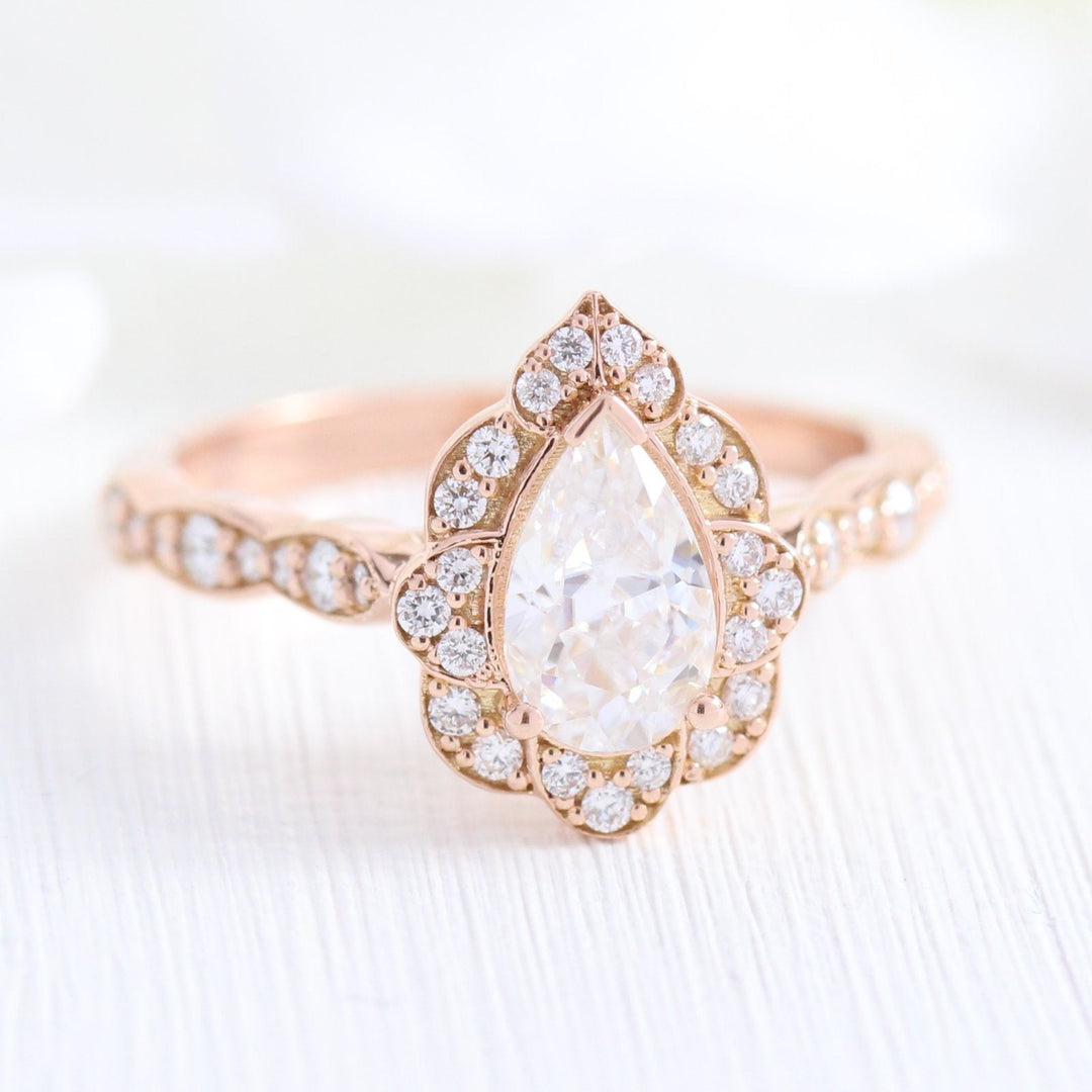 Pear floral moissanite bridal set 14k in rose gold