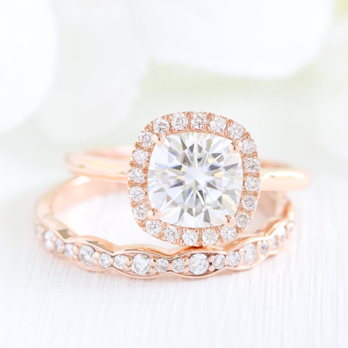 Solitaire Cushion Cut Halo Moissanite With Scalloped Band Ring