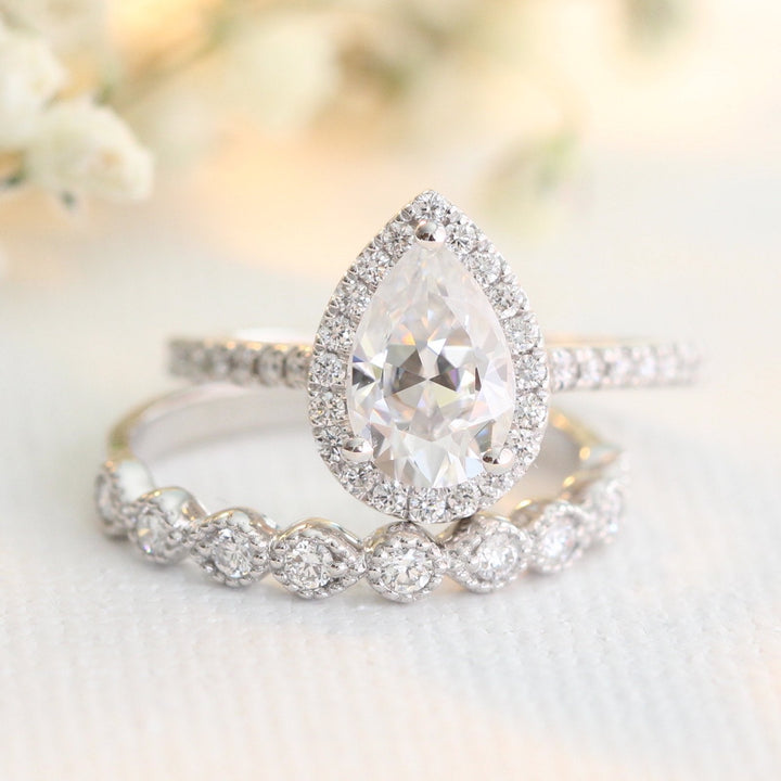 Pear Halo Pave Moissanite Ring With Milgrain Band Ring