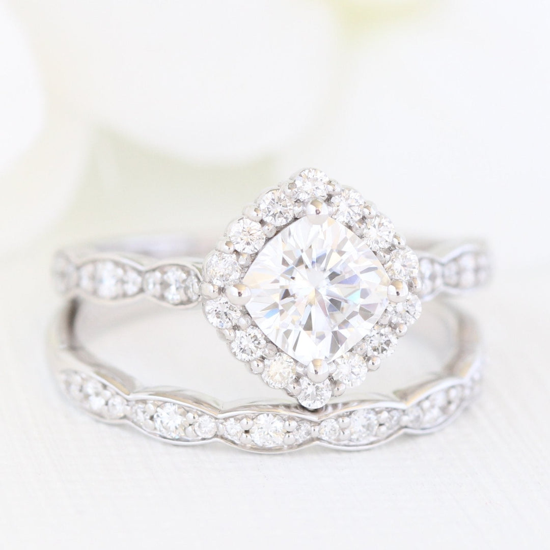 Cushion Cut Moissanite Ring With Halo Diamond Band
