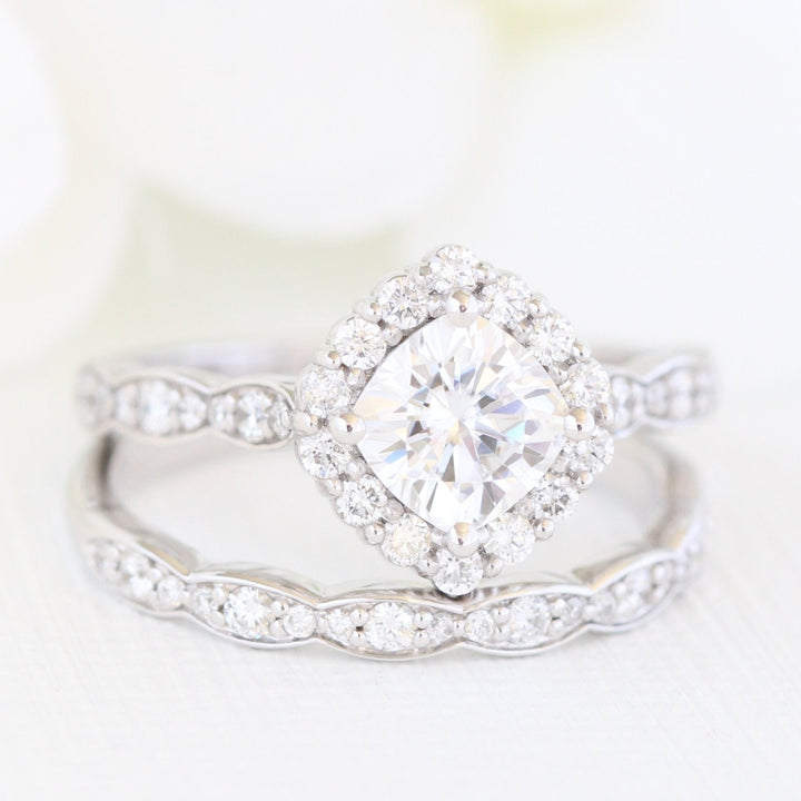 Cushion Cut Moissanite Ring With Halo Diamond Band