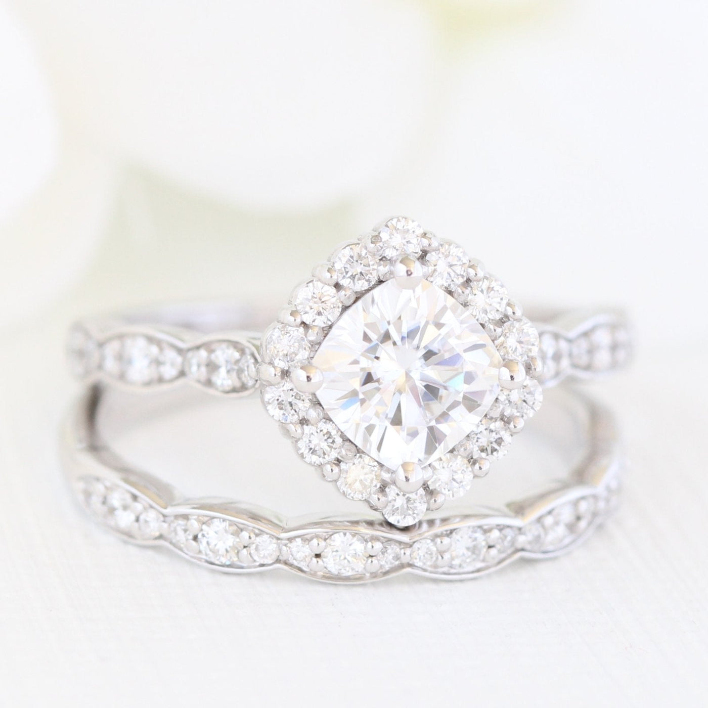 Cushion Cut Moissanite Ring With Halo Diamond Band