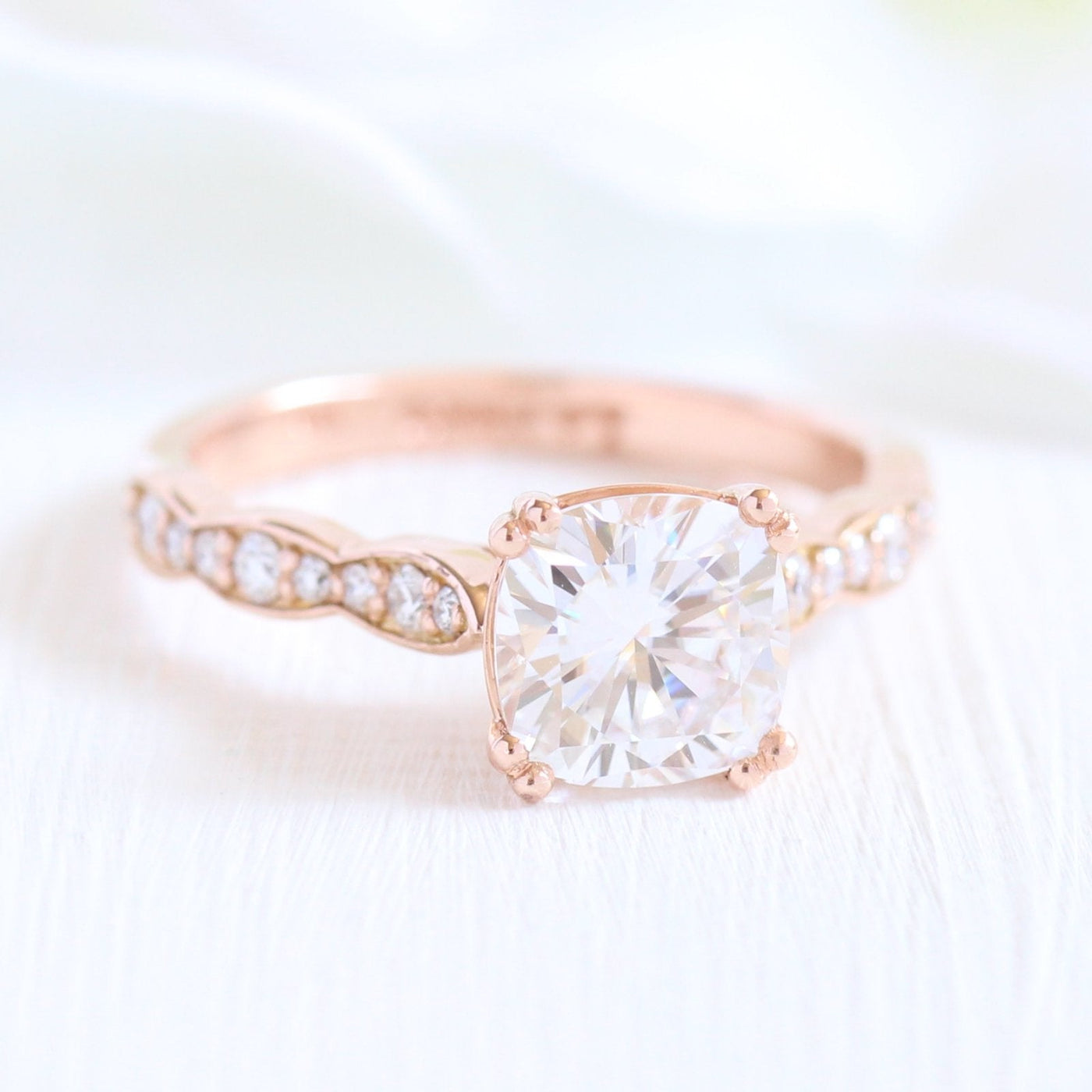Cushion Cut Moissanite Ring With Halo Diamond Band