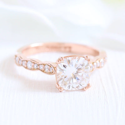Cushion Cut Moissanite Ring With Halo Diamond Band