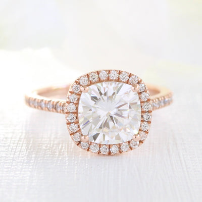 Cushion Halo Pave Moissanite Ring With Scalloped Diamond Band