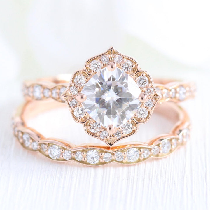 Cushion Cut Moissanite Ring With Diamond Band