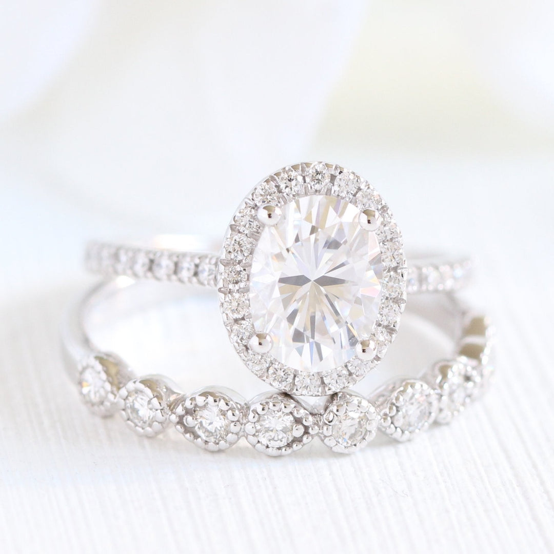 Oval Cut Halo Moissanite Ring With Milgrain Diamond Band