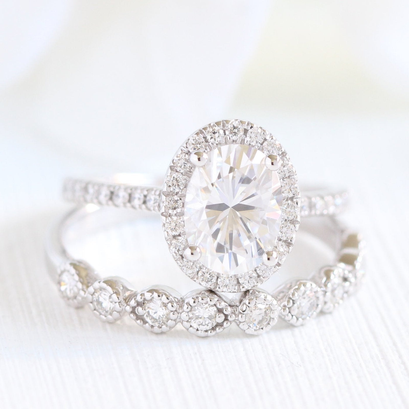 Oval Cut Halo Moissanite Ring With Milgrain Diamond Band