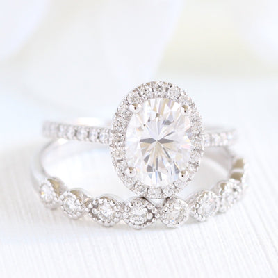 Oval Cut Halo Moissanite Ring With Milgrain Diamond Band