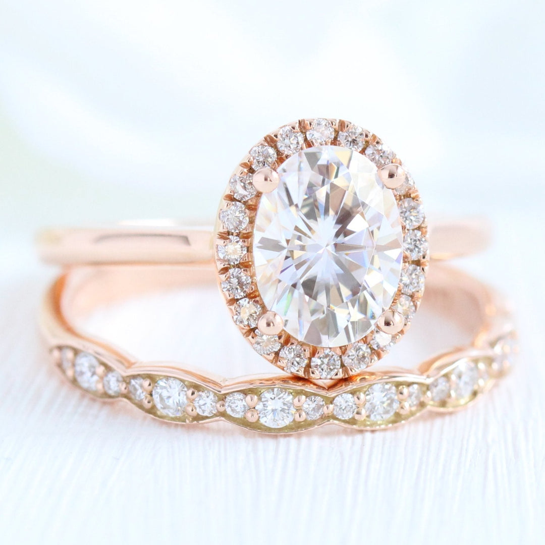 Oval Cut Halo Moissanite Ring With Scalloped Diamond Band Ring