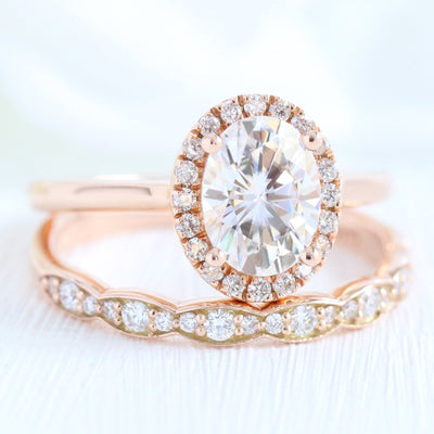 Oval Cut Halo Moissanite Ring With Scalloped Diamond Band Ring