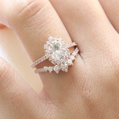 Oval cut moissanite with halo bridal band set 14k in rose gold