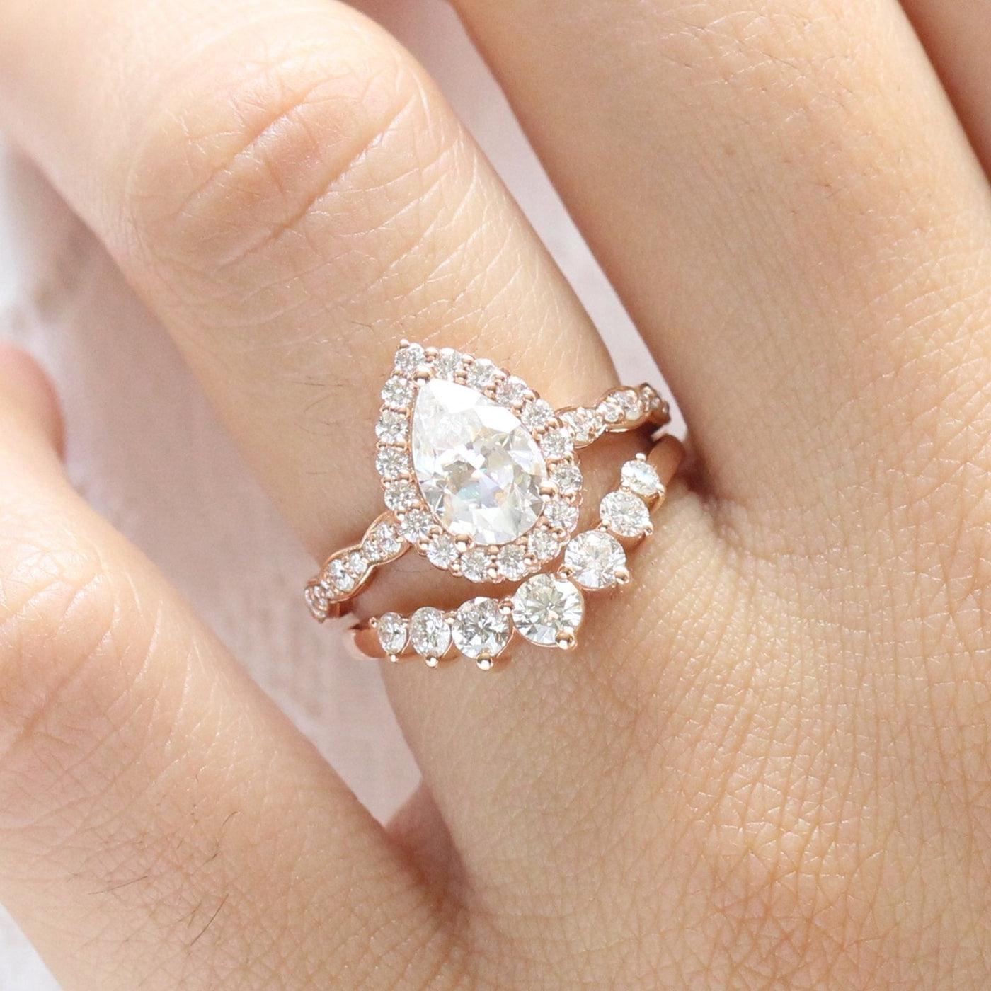 Pear cut moissanite with bridal band set 14k in rose gold
