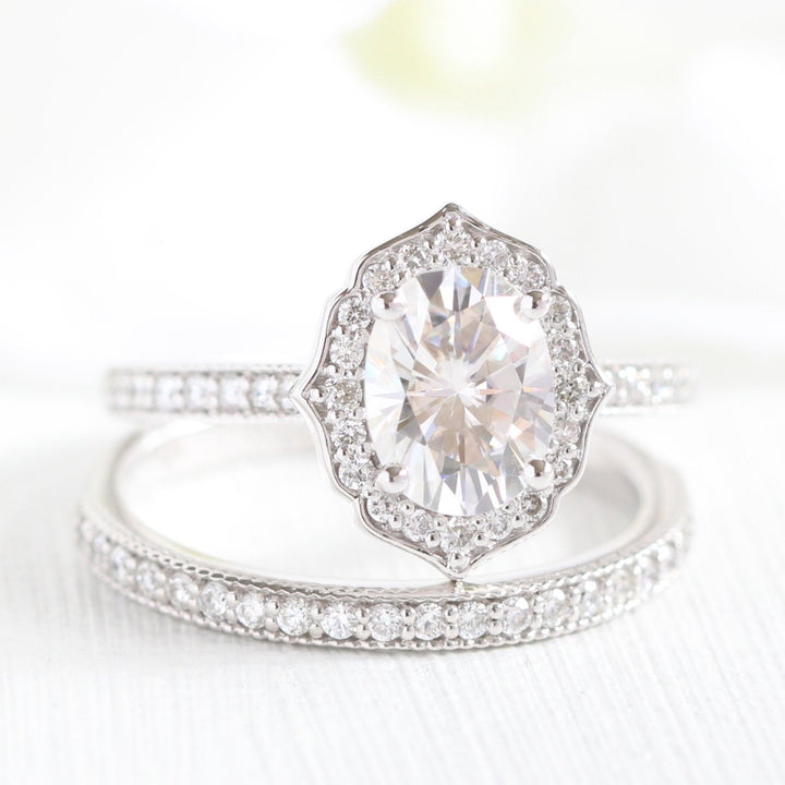 1.50ct Oval Cut Moissanite Halo Bridal Ring Set