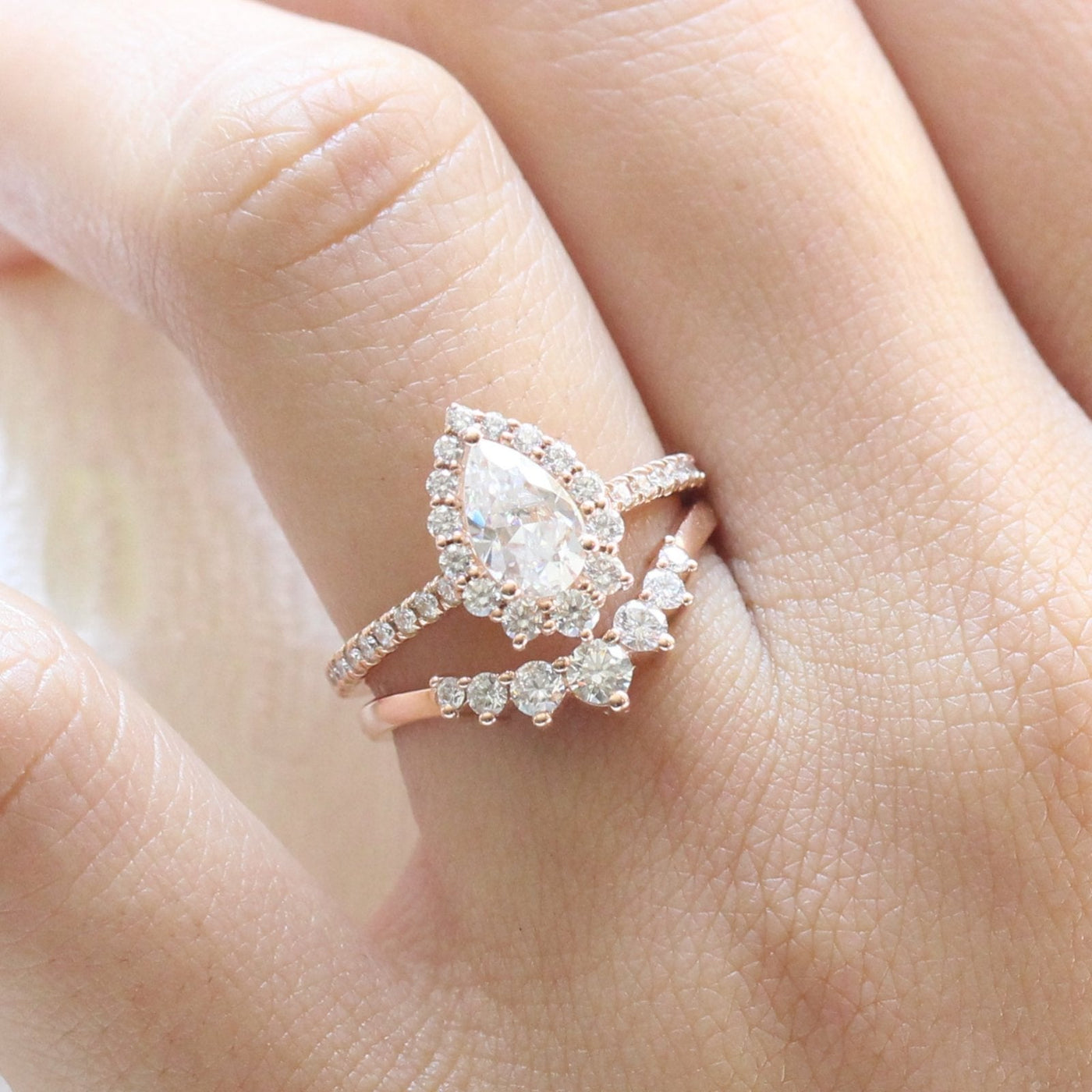 Pear cut moissanite with halo bridal band set 14k in rose gold