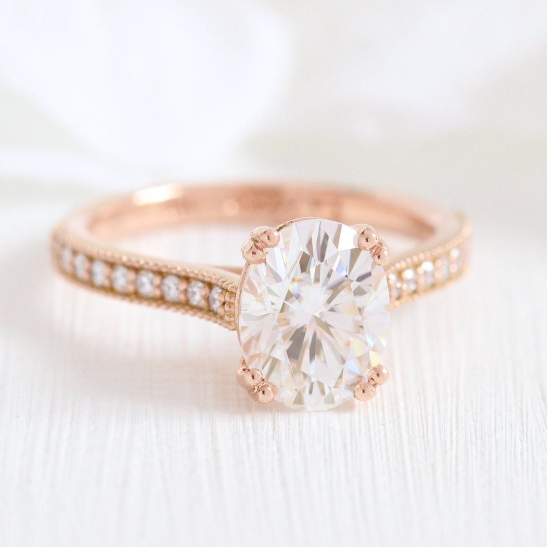 2.0ct Oval Cut Moissanite Cathedral Set Ring With U Shape Wedding Band