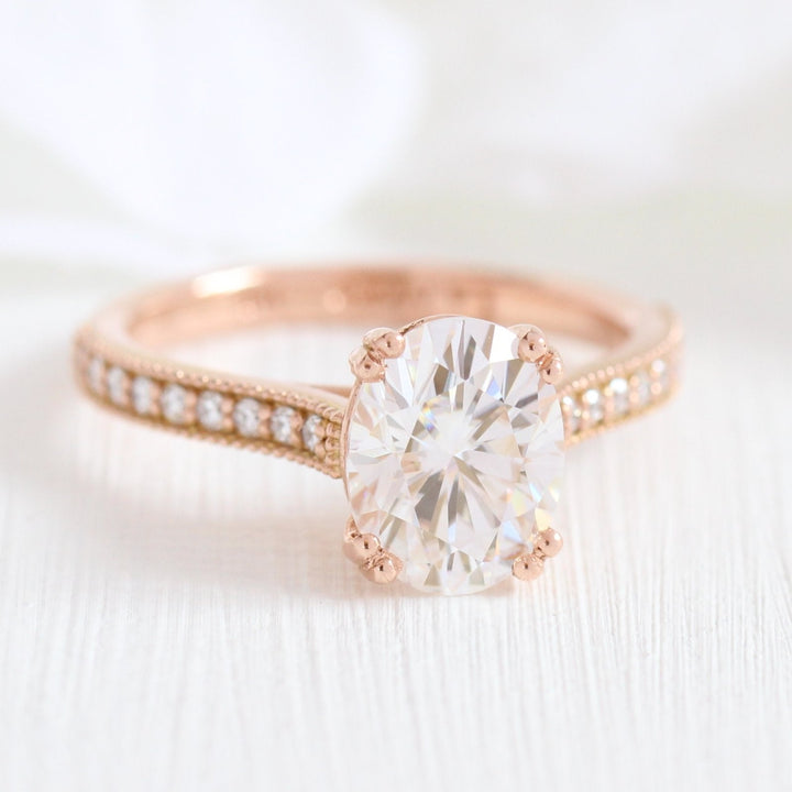 2.0ct Oval Cut Moissanite Cathedral Set Ring With U Shape Wedding Band