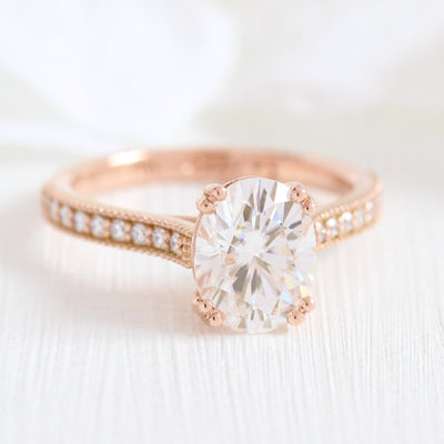 2.0ct Oval Cut Moissanite Cathedral Set Ring With U Shape Wedding Band