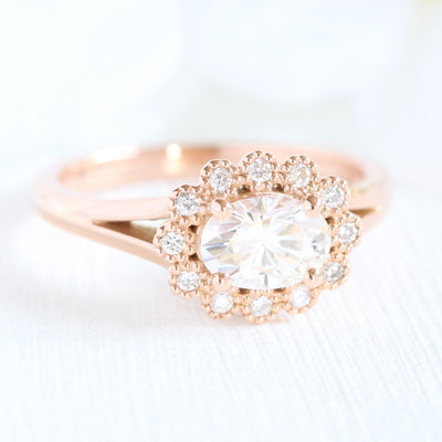 1.0ct Oval East-West Halo Engagement Ring With Bezel Wedding Band