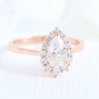 Pear cut moissanite with halo bridal band set 14k in rose gold