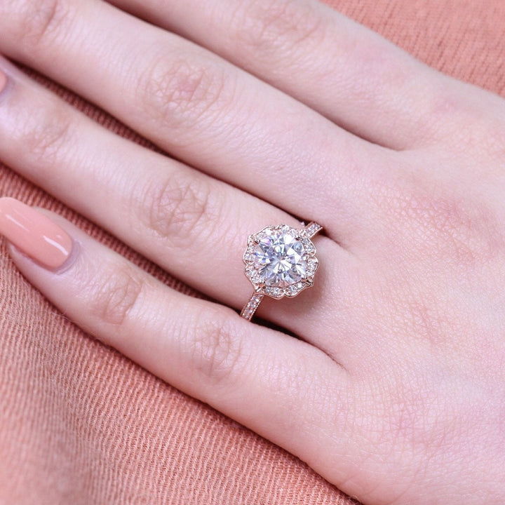 Vintage Floral Inspired Cushion Moissanite Ring With Milgrain Diamond Band