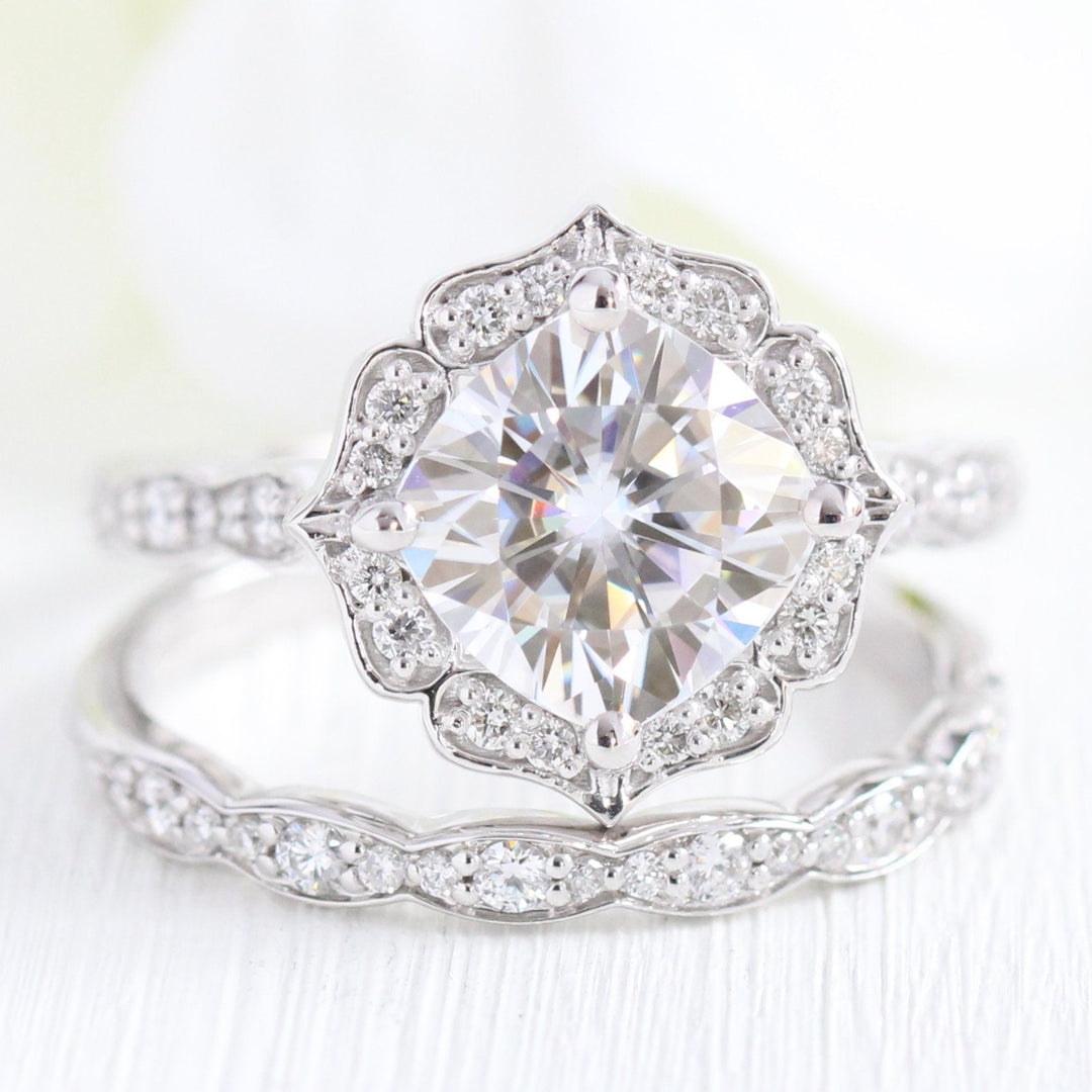 Round Floral moissanite with bridal band set 14k in rose gold