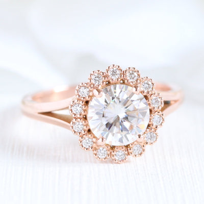Vintage Round Cut Halo Moissanite Ring With Milgrain Diamond Band