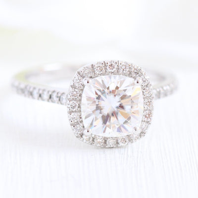 Cushion Cut Halo Pave Moissanite Ring With Diamond Band Ring