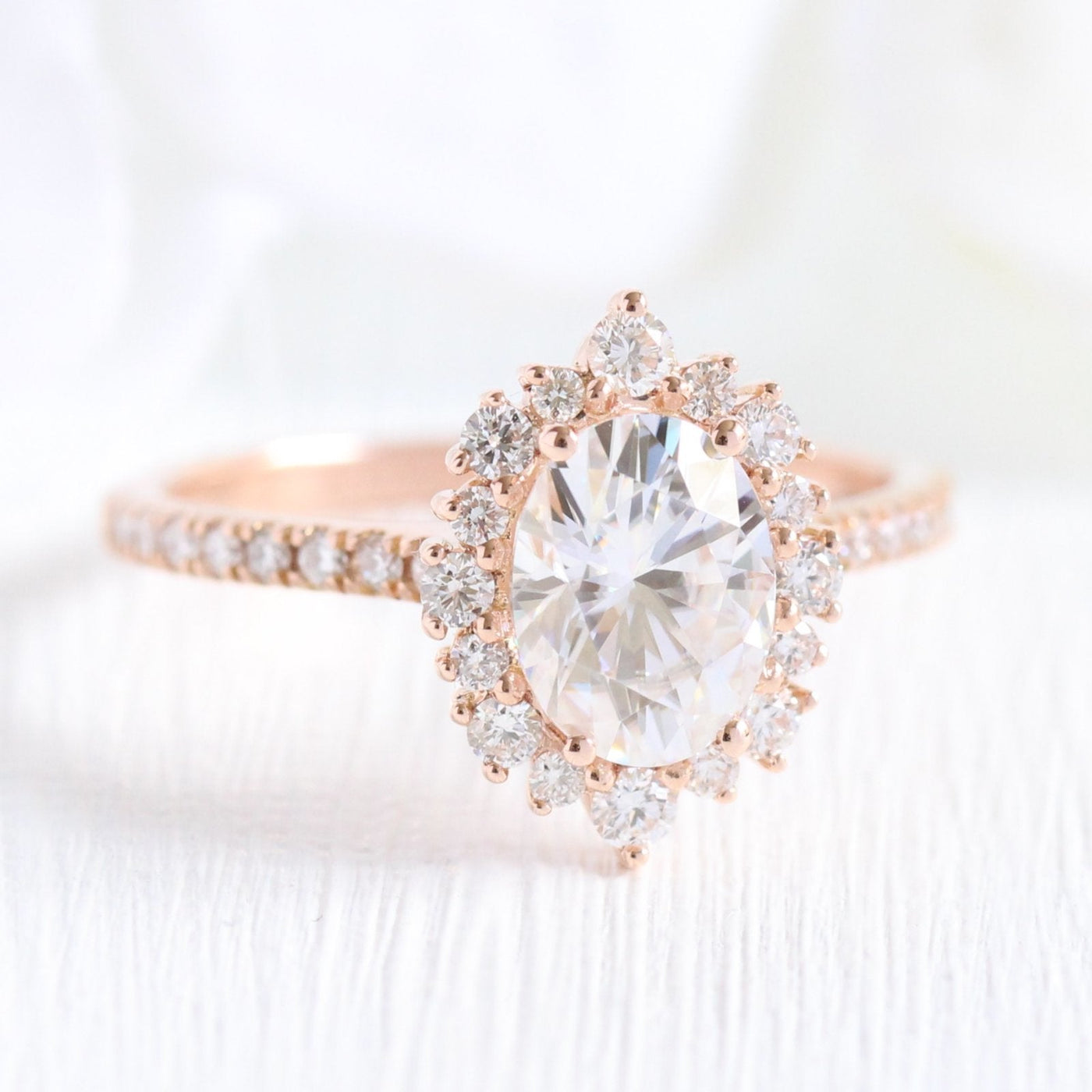 Oval cut moissanite with halo bridal band set 14k in rose gold