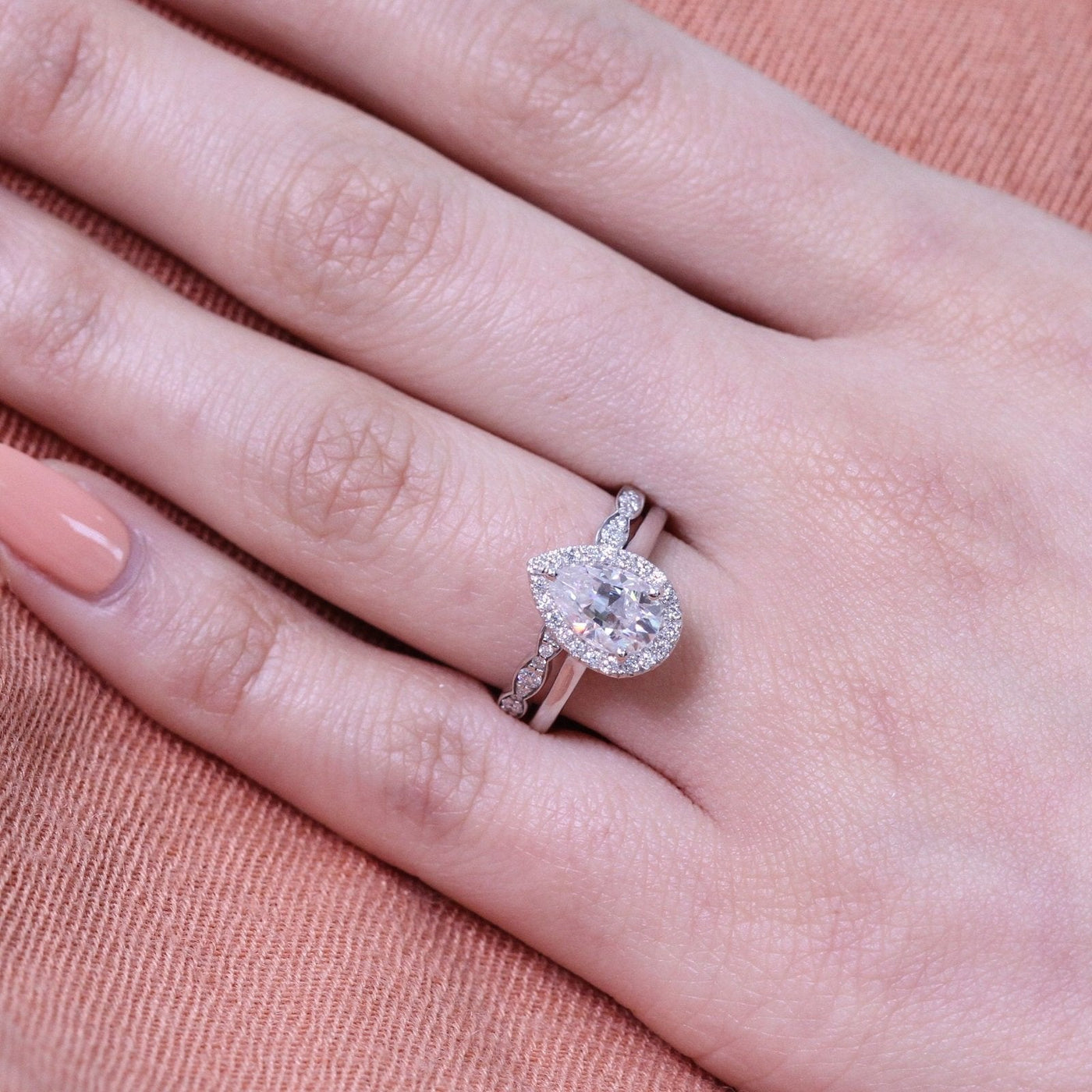 Pear Cut Moissanite Ring With Scalloped Diamond Band